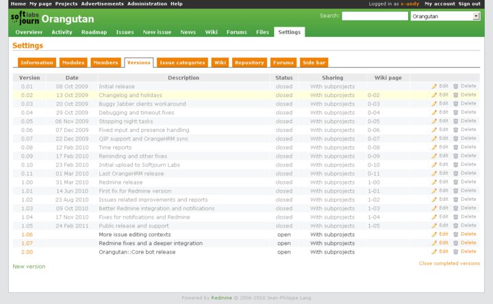 Versions list