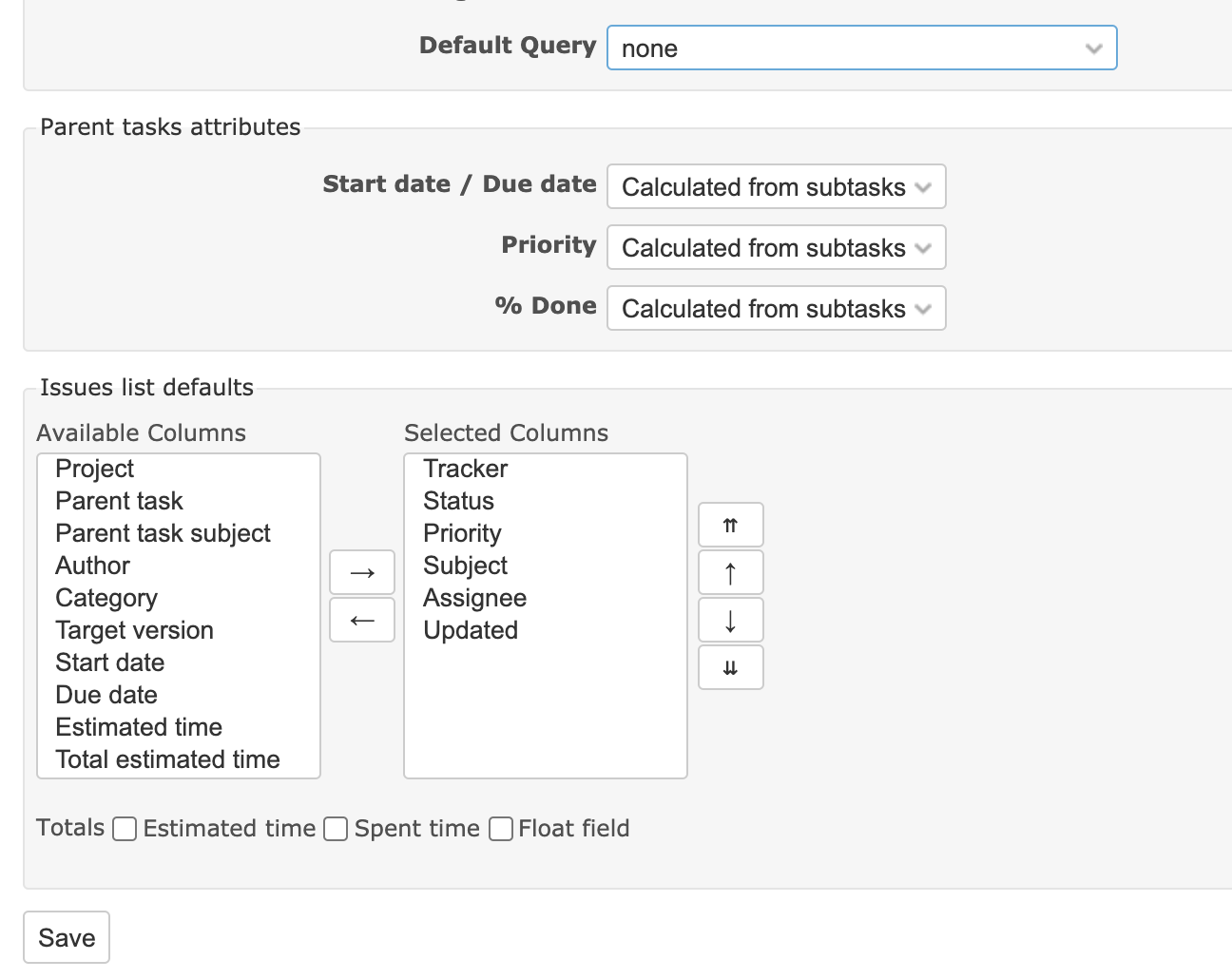 Default query issues list defaults section