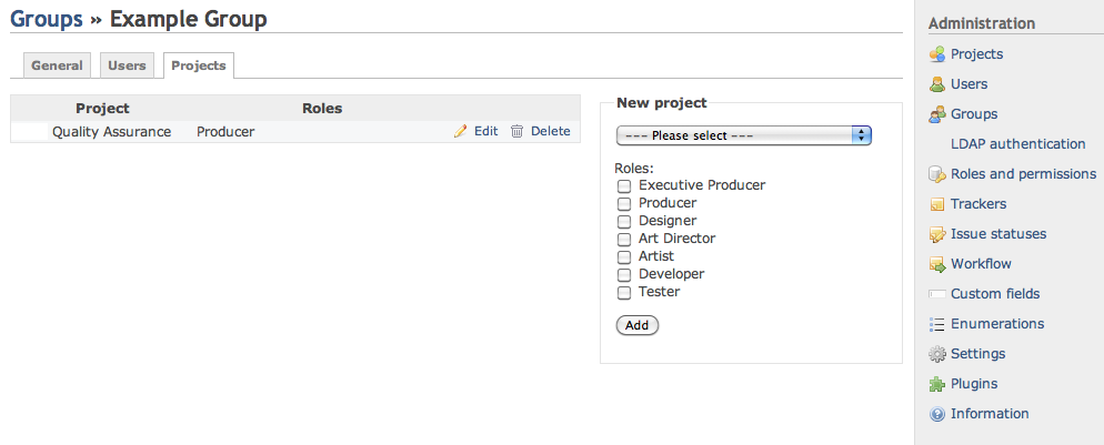 Screenshot of Redmine Groups to Projects